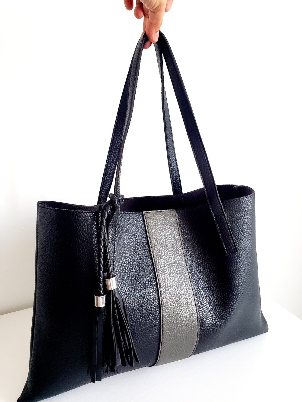 Vince Camuto Black Tote with Gray Center Stripe and Tassel